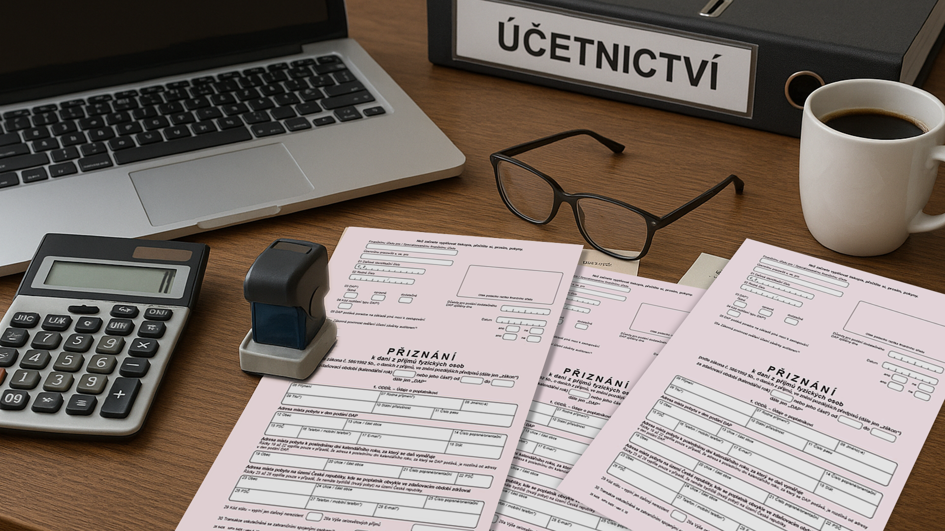 Pracovní stůl s daňovými formuláři, notebookem a kalkulačkou